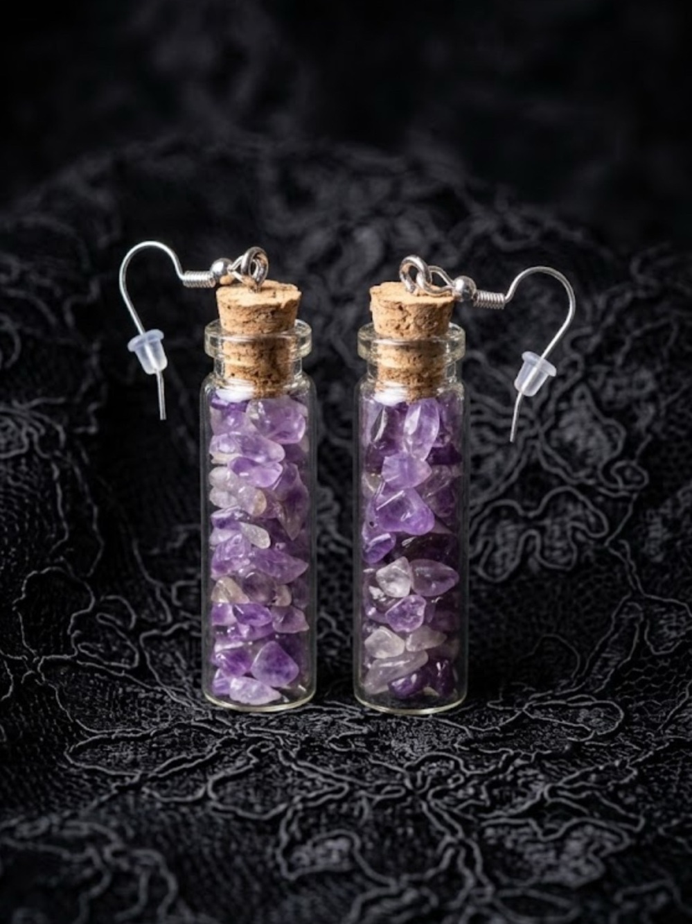 Handmade Amethyst Crystal Chip Glass Bottle Earrings